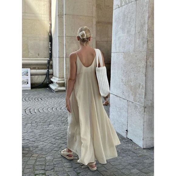 Commense Double Layers V-neck Long Dress color Apricot size S - Picture 5 of 15